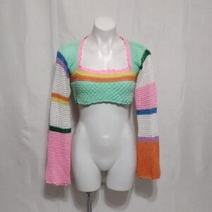 Women’s Crochet Knit Long Sleeve Cropped Top Boho Chic Summer Festival Medium